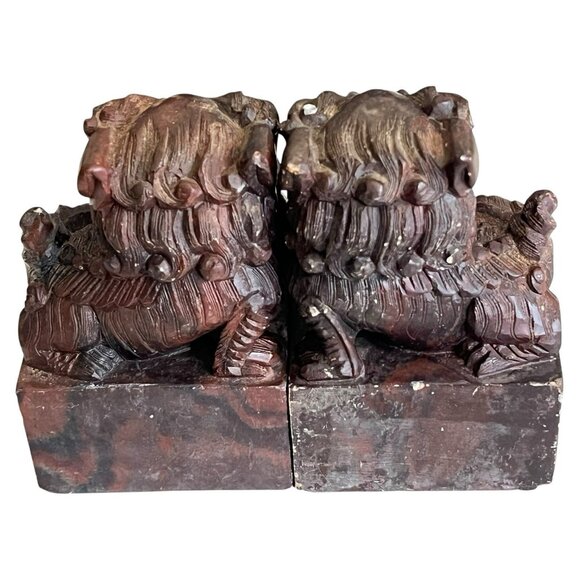 Set Of 2 Vintage Chinese Solid Marble Foo Dogs Imperial Guardian Lions Male Yang - Picture 7 of 8